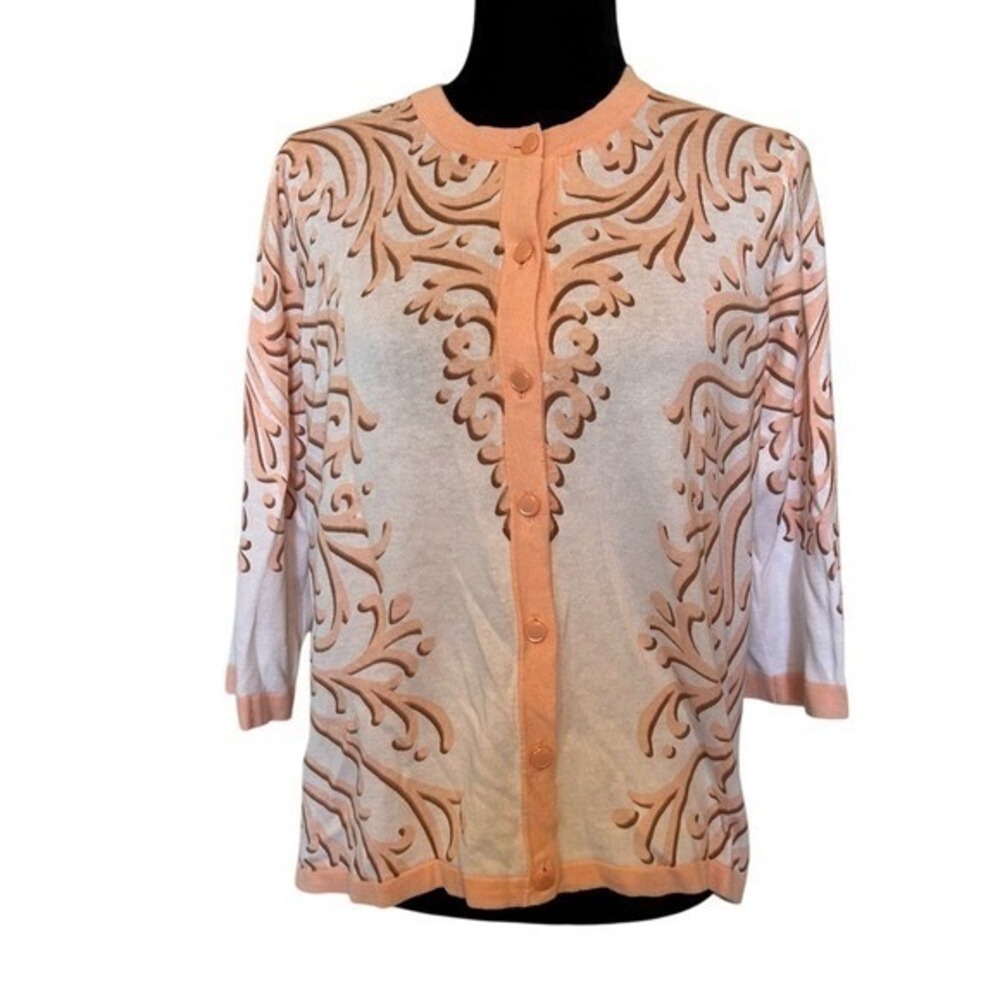 NWT‎ Bob Mackie Blush and White Patterned Printed Cardigan Sweater Size Small